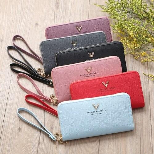 Female Long Purse Fashion Cat Pattern Solid Single Pull Deer Head Wallet Women Money Coin Bag Zipper Credit Card Holder Pocket