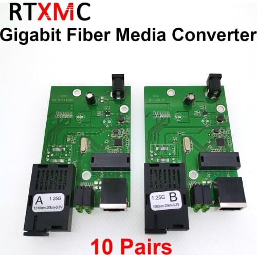 10 Pairs A&B Gigabit Fiber Optical Media Converter UTP 1000Mbps 1.25G FX Single Mode Single Fiber SC Port 20KM External Power