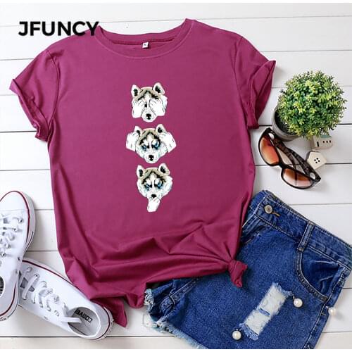 JFUNCY 100% Cotton Women Tshirts Oversize Short Sleeve T-shirt Summer Loose Tee Shirt New Dog Print Woman Tops