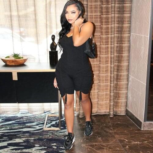 Black/khaki Ruched Drawstring One Piece Overall Women Spaghetti Strap Sleeveless Club Playsuit Streetwear Stretchy Slim Rompers