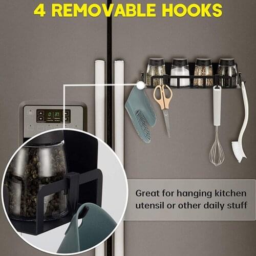 Magnetic Spice Rack Magnetic Refrigerator Shelf with 4 Hooks Rust-Proof Magnetic Shelf for Refrigerator Kitchen