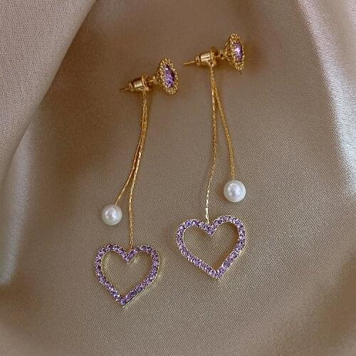 2021 Korean New Purple Peach Heart Simulated-pearl Tassel Earrings Fashion Temperament Long Pendant Earrings Woman Bijoux