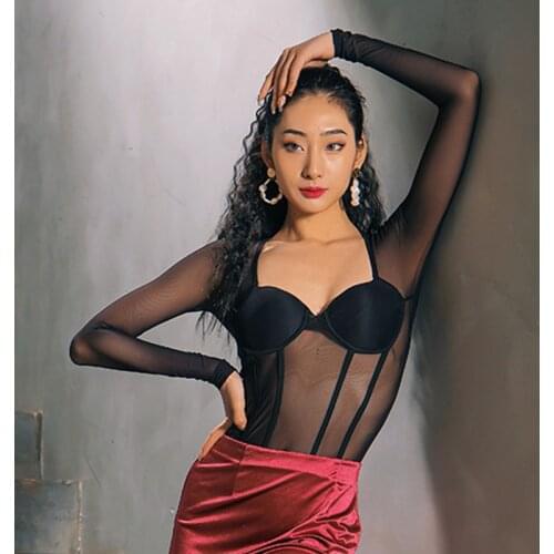 New Latin Dance Tops Women Sexy Dance Clothes Mesh Long Sleeve Samba Rumba Salsa Practice Shirt Latin Performance Costume BL5674