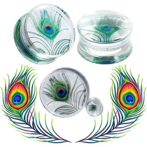 Pair New Peacock Feather Design Simple Ear Percing Plugs Arylic Transparent Ear Gauges Expander Tunnels Piercing Body Jewelry