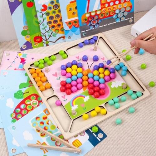 Montessori Educational Toy Multifunctional Color Recognition Wooden Clip Beads Board Games Training Puzzle Game for Children