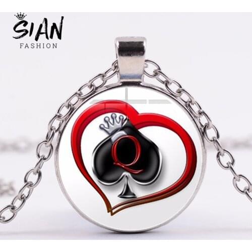 SIAN Newest Secret Marked Poker Necklace Spades Q Queen Heart Print Glass Cabochon 3D Effect Pendant Necklace Jewelry Wholesale