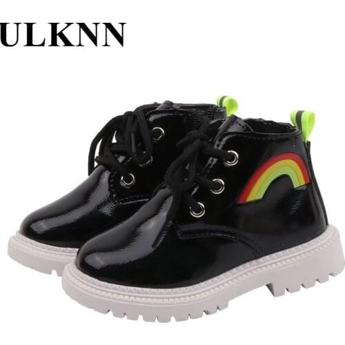 ULKNN Popular Rainbow Fashion Children Shiny Leather Flat Martin Boots 2021 Boys And Girls Round Toe Soft Zipper/Laceup Sewing