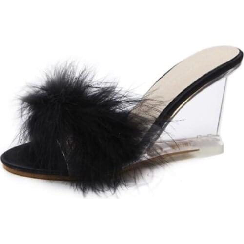 3 Color Female Slipper 35-40 Women Shoes Slides Ultra-high-heeled 8.5cm Feather Wedges Crystal Transparent Wedding Shoes