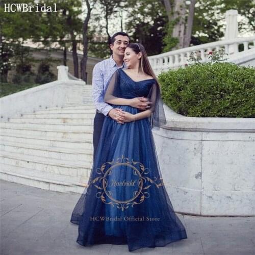 Navy blue Shiny Pregnant Women Evening Dress Half Sleeves A Line Tulle Plus Size Long Formal Dresses Elegant Prom Party Gowns