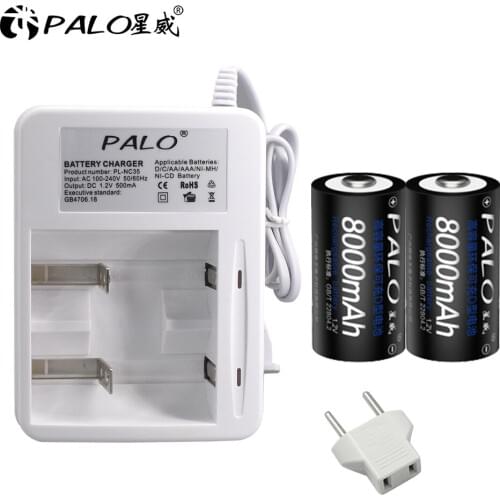 PALO 2pcs 8000mAh D rechargerable batteries + NC35 fast charging intelligent battery charger for AA AAA 2A 3A C D NI-MH NI-CD