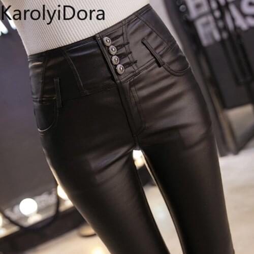 Winter Warm Women Pants Dropshipping Female PU Leather Velvet Trousers Elastic Pencil Skinny pants Womens Tight pants