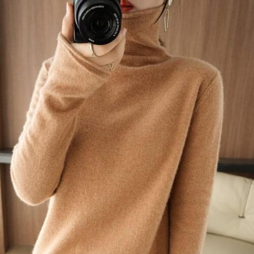 2021 Autumn and Winter New pile pile collar 100% Wool Sweater Women short Long-sleeved solid color Pullover all-match Cashmere