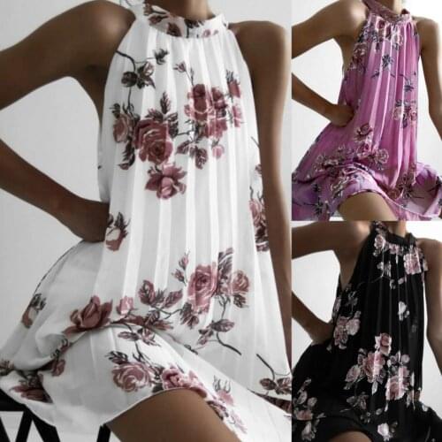 Women Elegant Dress Hot Sexy Floral Print Sleeveless Summer Women Retro Pleated Chiffon Dress for Beach Casual Short Mini Dress