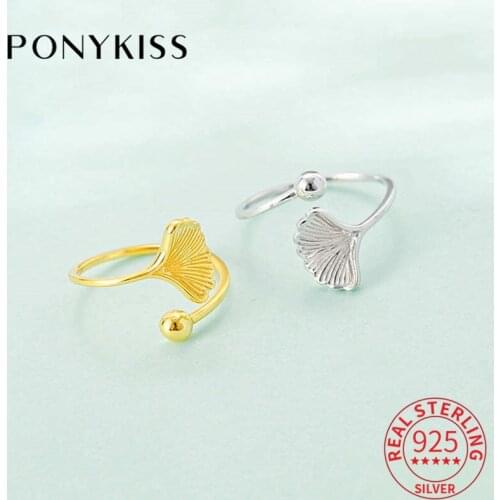 PONYKISS Romantic S925 Sterling Silver Ginkgo biloba adjustable Openning Ring for Women Fine Jewelry Accessory Party Gift
