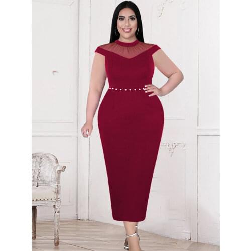 Plus Size Elegant Dresses Women Sleeveless Mesh Patchwork Bodycon Midi Long Prom Dress Birthday Evening Party with Beads Fashion