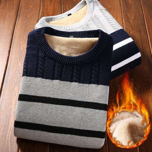 Winter Mens Thicken Model Fleece Sweater Korean Version Fashion Slim-Fit Striped round Neck Sweater Sweater Warm Mens