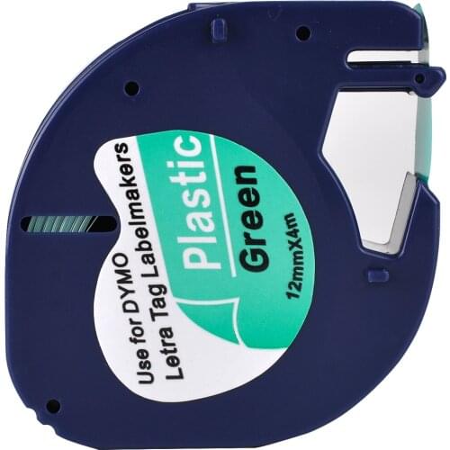 1 Compatible Dymo LetraTag 91204 Black on Green (12mm x 4m) Plastic Label Tapes for LT-100H, LT-100T, LT-110T, QX 50, XR, XM