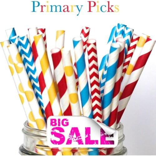 150pcs Mixed Colors PRIMARY PICKS Carnival Paper Straws,Blue and RED Chevron,Stripe,Yellow Striped,Dot,Circus School Birthday