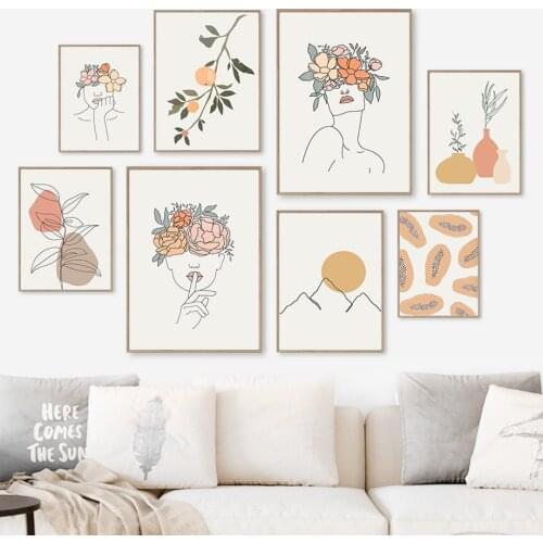Abstract Woman Line Flower Fruit Wall Art Canvas Painting Nordic Posters And Prints Wall Pictures For Living Room Bohemian Decor
