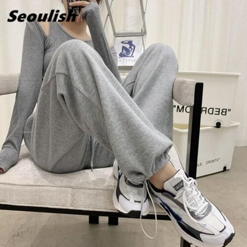 2021 New Casual Womens Sweatpants High Waist Lace Up Loose Straight Joggers Trousers Streetwear Female Pants Pockets Spring