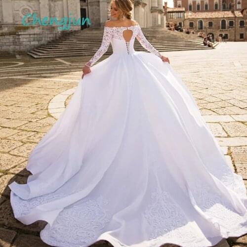 Chengjun Boat Neck Satin Lace A Line Long Sleeve Wedding Dress