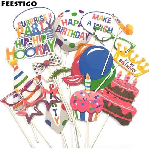 FEESTIGO 18pcs/set Happy Birthday Party Photo booth Props DIY Photography Girls Boys Brithday Party Decorations Photobooth
