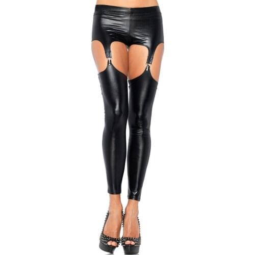 HOt Sexy Faux Leather Leggings Clip Garter Belt Women Garters Pants Sexy Lingerie Exotic Apparel Club Wear FX18