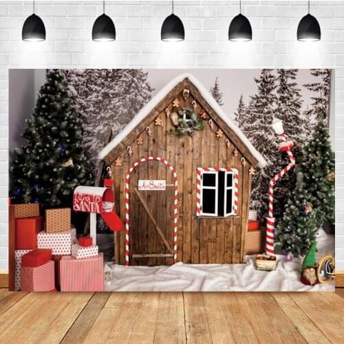 Laeacco Cartoon Wooden House Forest Christmas Tree Gift Birthday Portrait Photo Background Photographic Backdrop For Photo Studi