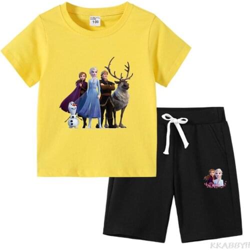 Disney T -Shirt Summer New Foreign Trade Korean Version Of Childrens Wear Frozen Childrens Short Sleeve PantsTwo Sets
