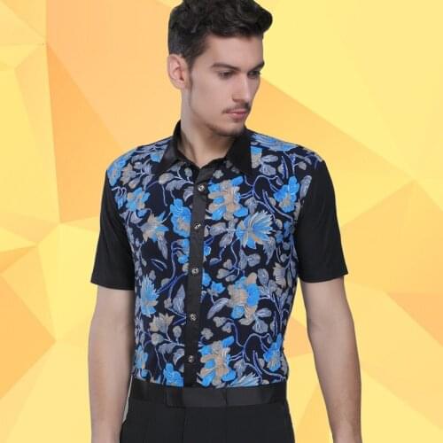 Mens New Dance Clothes Adult Modern Dance Costume Contest Male Latin Dance Clothing Adult Short Sleeved Shirt B-4225