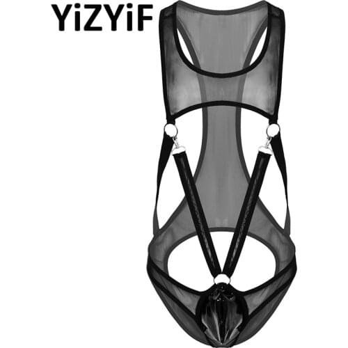 Men See-through Mesh Singlet Bodysuit Patent Leather Bulge Pouch Leotard Strappy O-ring Jumpsuits for Stage Performance Clubwear