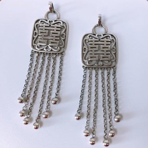 BOCAI New real pure s925 silver jewelry Chinese style retro distressed engraved "Double Happiness" tassel woman pendant