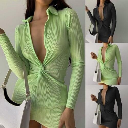 Autumn Fashion Turn-Down Collar Shirt Dress Ruched Sexy V Neck Long Sleeve Button Up Mini Dresses