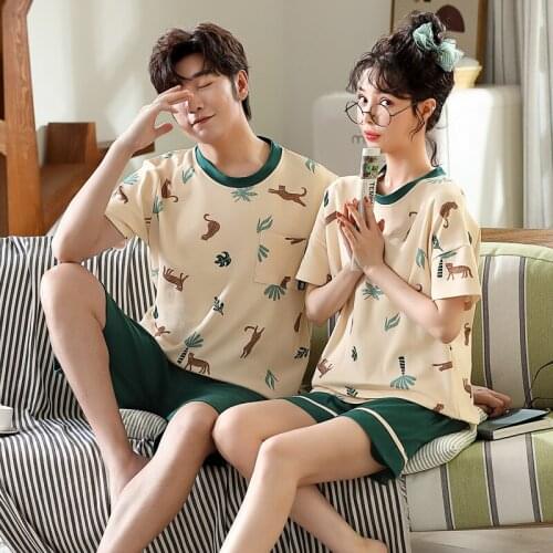 Womens Pajamas Sets Cartoon Animal Printing Couple Short Sleeve Homewear Fashion Green Round Neck Woman Cotton Indoor Sleepwear