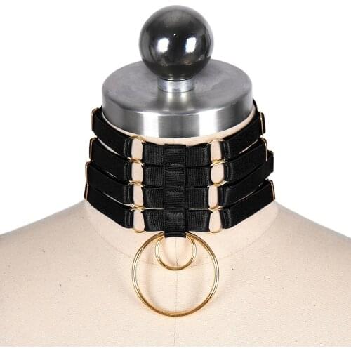 Punk Neck Harness Belt Gold Ring Cage Adjust Elastic Women Pole Dance Party Body Sexy Crop Top Black Strappy Accessories Fashion