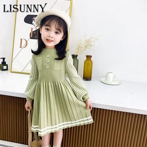 Christmas Dress For Baby Girls Autumn Winter Long Sleeve Knitting Princess Dresses Pleated Newborn Infant Party Dress Plaid 2-7y