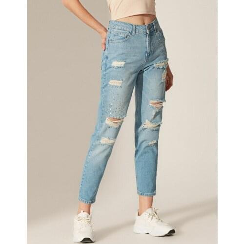 Ripped Detailed Mom Jean Pants High Waist Blue Color Denim For Woman Style Fashion