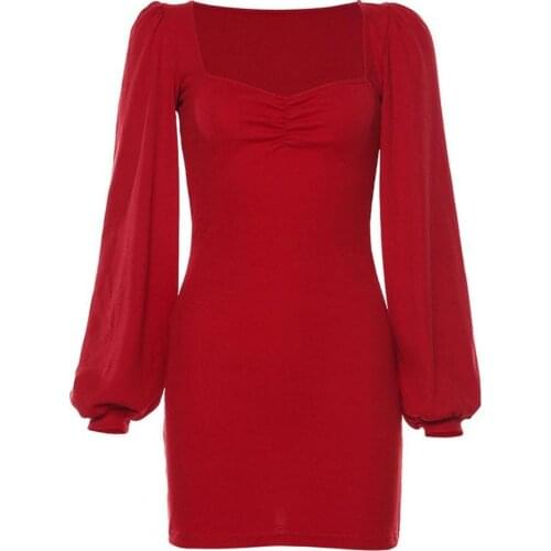 Sexy Women Fall Winter Dresses Lantern Sleeve High Waist Right-angle Shoulder Bodycon Square Collar Mini Party Dress