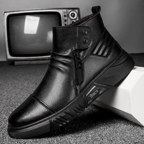 Warm Winter Boots Mens Leather Shoes Fashion Chelsea Boots Plush Snow Shoes Casual Business Pointed Toe Black Fashion Men Shoes