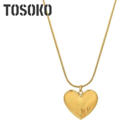 TOSOKO Stainless Steel Jewelry Peach Heart Love Pendant Necklace Womens Sweet Clavicle Chain BSP1087
