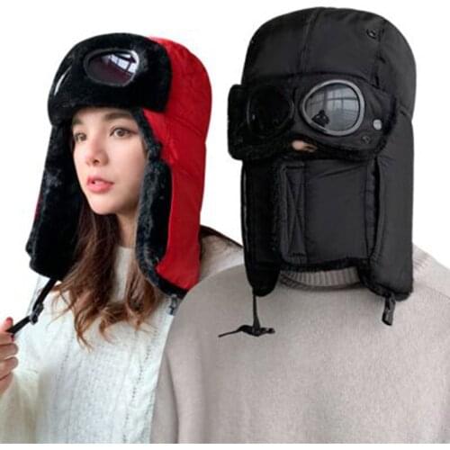 Windproof Thickened Warm Plush Velvet Ear Protect Fur Hat With Glasses Women Men Fur Bomber Winter Hat Russia Cap Mask