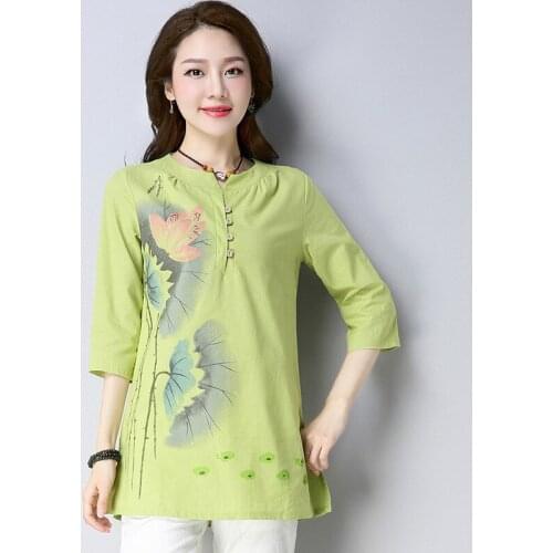 Summer Casual Women White Green Blue Painted Loose Placket Blouse , 2018 New Woman Printed Floral Pattern Linen Shirt Blouses