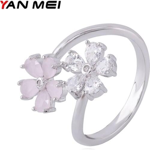 YANMEI Adjustable CZ Luckly Flowers Rings For Women Cute Open Ring Christmas And Marriage Gifts For Girl Friend YMJ1835