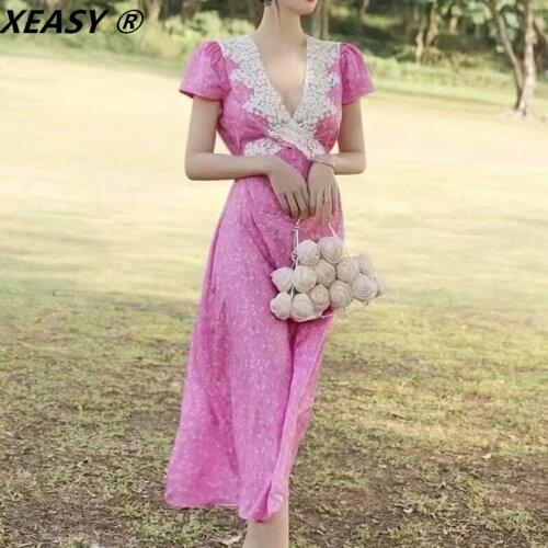 XEASY 2021 Women Fashion Lace Embroidered V-Neck Dress Vintage Printing Short Sleeve Back Tie Female Vacation Style Midi Dresses