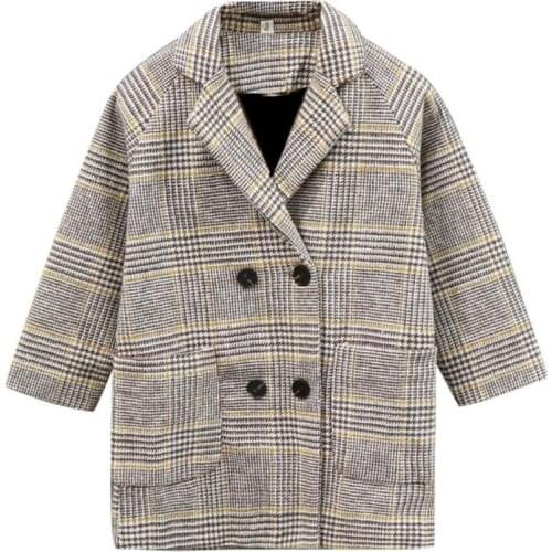 Winter Girls Cotton Long Jackets Kids Outerwear Casual Turn-down Collar Plaid Woolen Coat