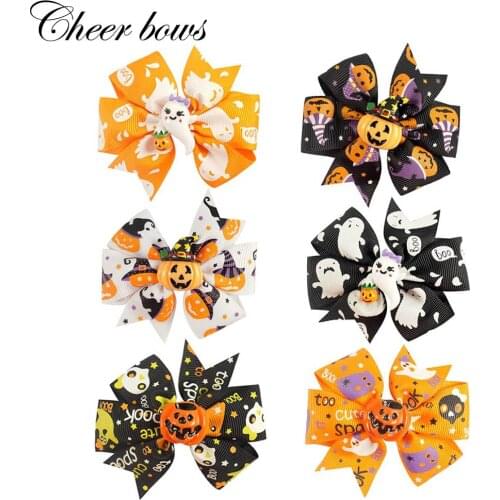4Pcs/lot 3 Inch Pumpkin Printed Ribbon Hair Bows Kids Trick or Treat Halloween Hair Clip for Girls Handmade Hair Accessories