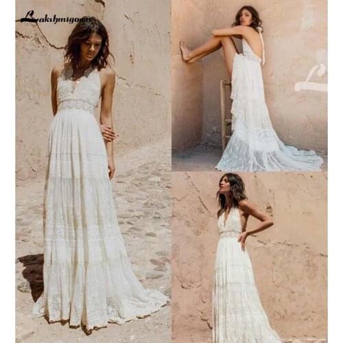Bohemian Wedding Dresses Halter Deep V Neck Luxury Embroidery Sweep Train Backless Bridal Gowns Beach Boho Wedding Dress