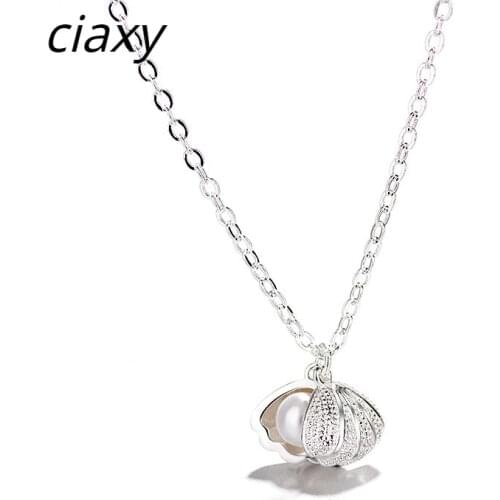 CIAXY 925 Sterling Silver Sweet Pearl Shell Necklace Can Open Fan-shaped Pendant Clavicle Chain Versatile Women Statement Choker