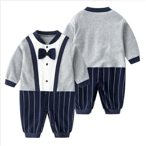 2020 Baby Boy Romper with Bow-knot Tie Infant Long Sleeve Button-up Jumpsuit Toddler Kids Outfit for Spring Fall ropa bebe niño