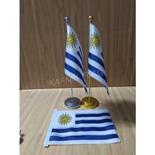 KAFNIK,Uruguay Office table desk flag with gold or silver metal flagpole base 14*21cm country flag free shipping
